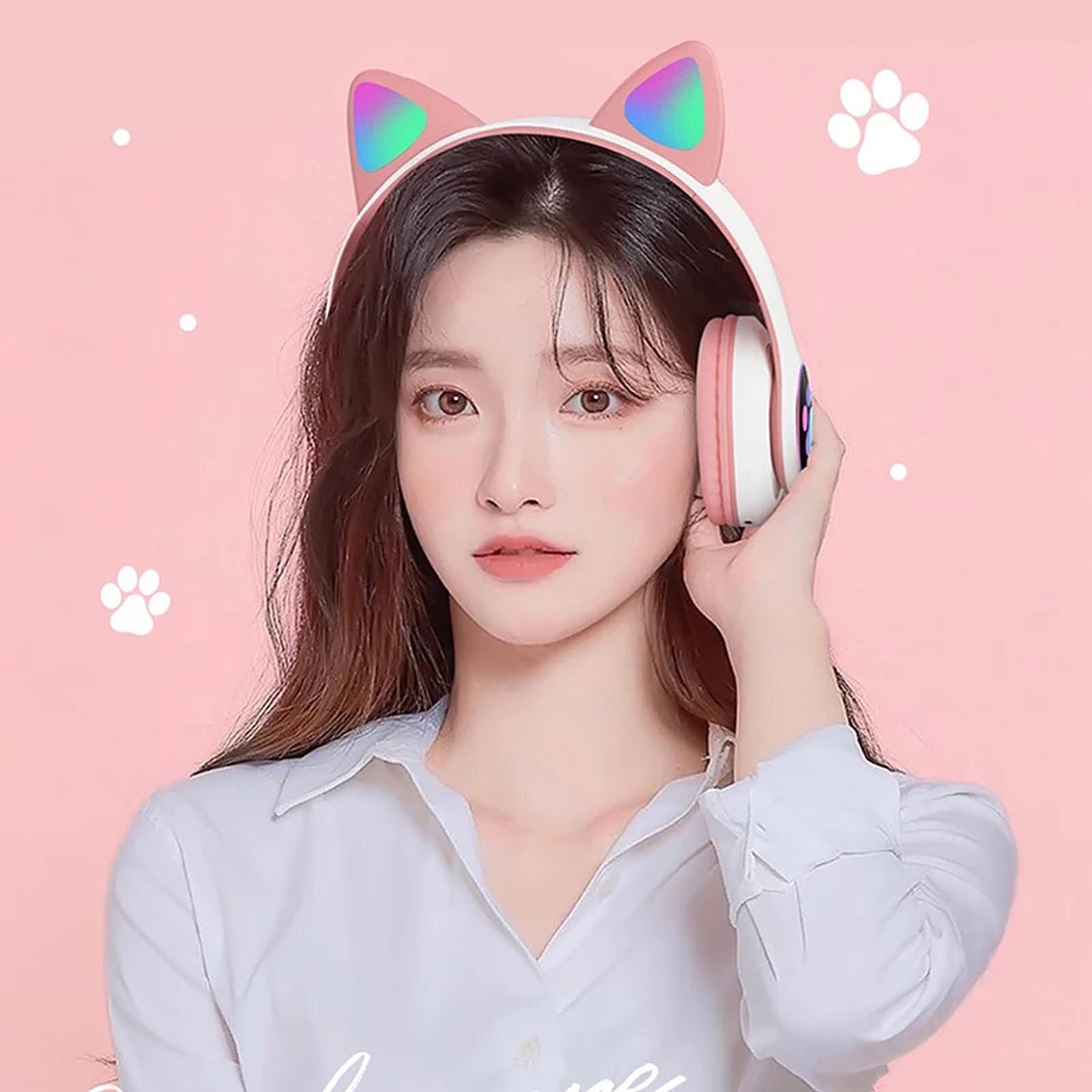 STN-28 Over Ear Music Headset Glowing Cat Ear Headphones Foldable Wireless BT5.0 Earphone with Mic LED Lights for PC Phone