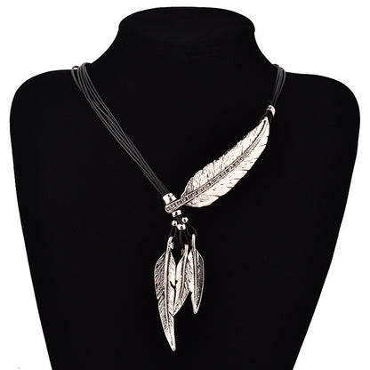 Feather Leaf Black Leather Rope Multi layered Tassel Necklace