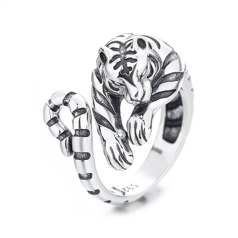 S925 Sterling Silver Zodiac Tiger Shape Open Ring Unique Natural Men And Women Index Ring