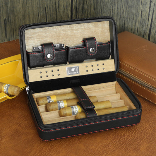 Portable Cigar Box, Cedar Wood Cigar Moisturizing Box, Travel Leather Case, Portable Leather Cigar Humidifying Cigarette Box