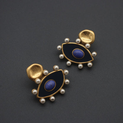 designer Eye enamel stone vintage pearl stud earrings