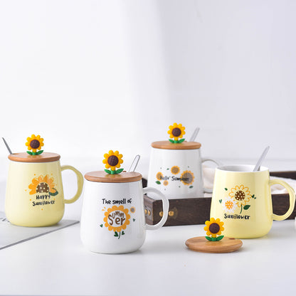 Creative Ceramic Cup With Lid Cartoon Sunflower Breakfast Mug