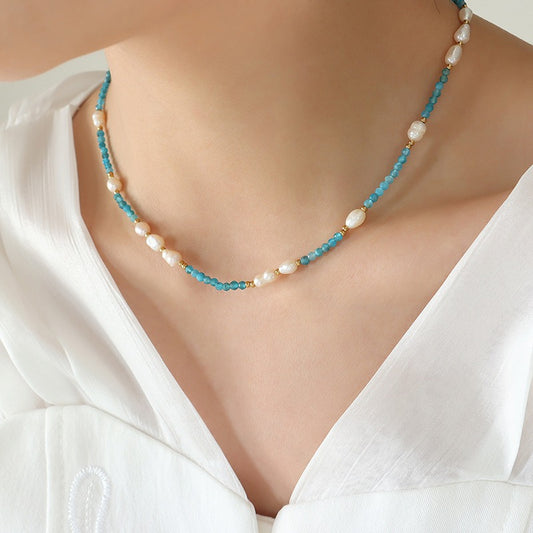 Bohemian style trend fashion commuter blue stone pearl necklace