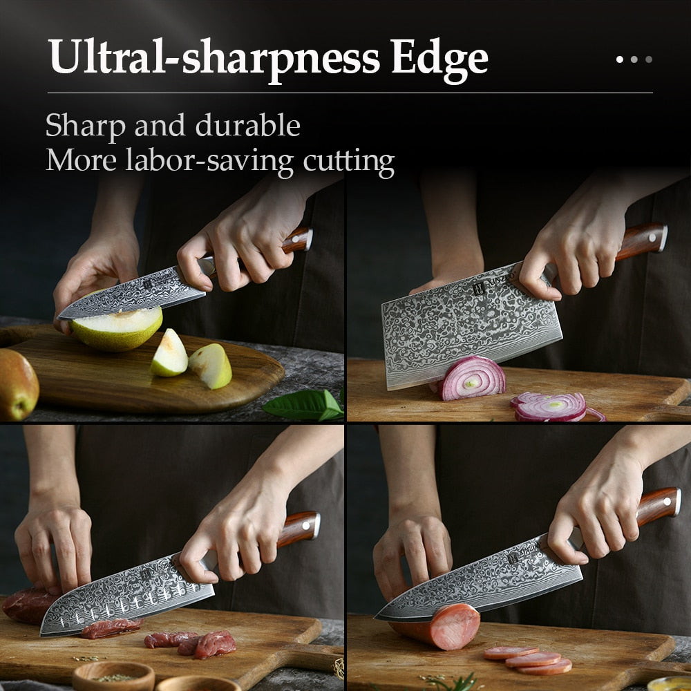 XINZUO 1/4PC Kitchen Knife Sets vg10 Core Damascus Steel Chef Santoku Utility Cleaver Knives Stainless Steel Slicing Meat Cutlery