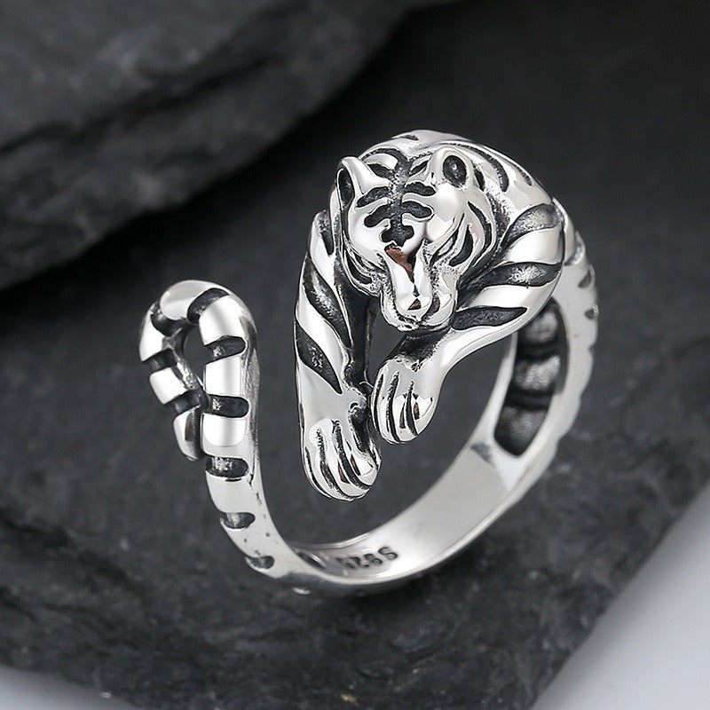 S925 Sterling Silver Zodiac Tiger Shape Open Ring Unique Natural Men And Women Index Ring