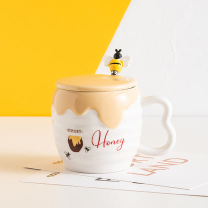 Creative Ceramic Cup With Lid Cartoon Cute Bee Mug