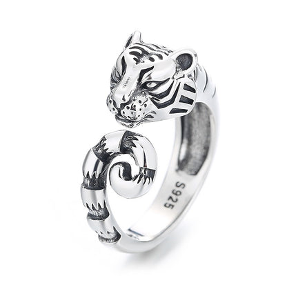 S925 Sterling Silver Zodiac Tiger Shape Open Ring Unique Natural Men And Women Index Ring