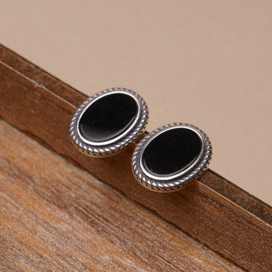 Black Zircons Oval Stud Earrings