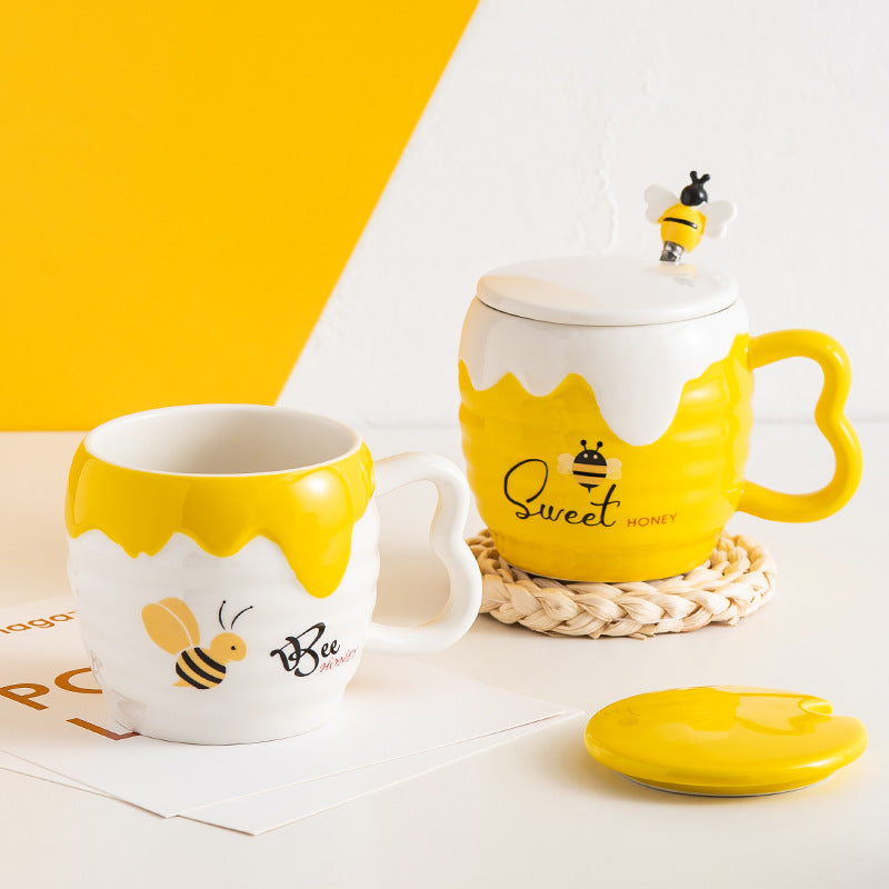 Creative Ceramic Cup With Lid Cartoon Cute Bee Mug