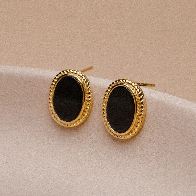 Black Zircons Oval Stud Earrings