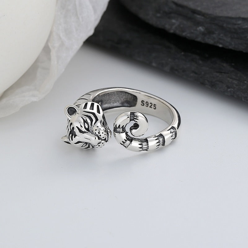 S925 Sterling Silver Zodiac Tiger Shape Open Ring Unique Natural Men And Women Index Ring