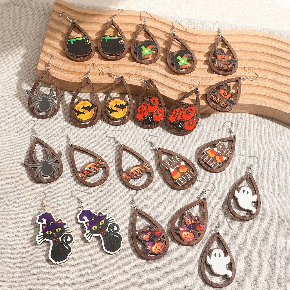 Halloween Wooden Kitten Ghost Pumpkin Bat Earrings