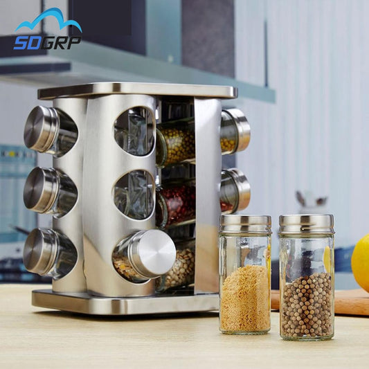 Kitchen Spice Jars Storage Rotatable Base Stainless Steel Jar Glass