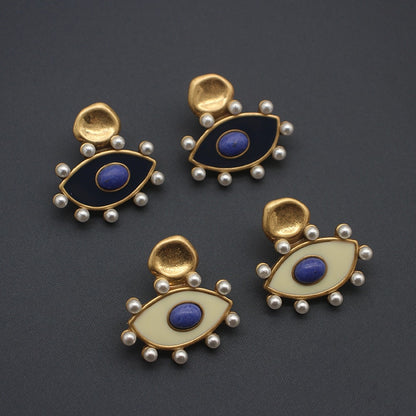 designer Eye enamel stone vintage pearl stud earrings