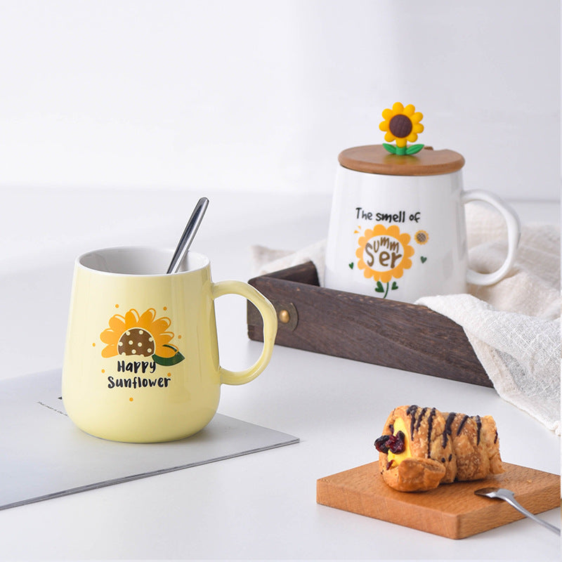 Creative Ceramic Cup With Lid Cartoon Sunflower Breakfast Mug