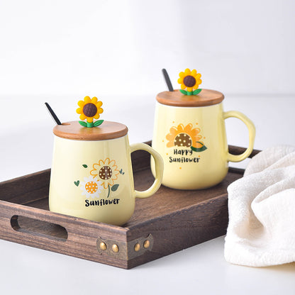 Creative Ceramic Cup With Lid Cartoon Sunflower Breakfast Mug