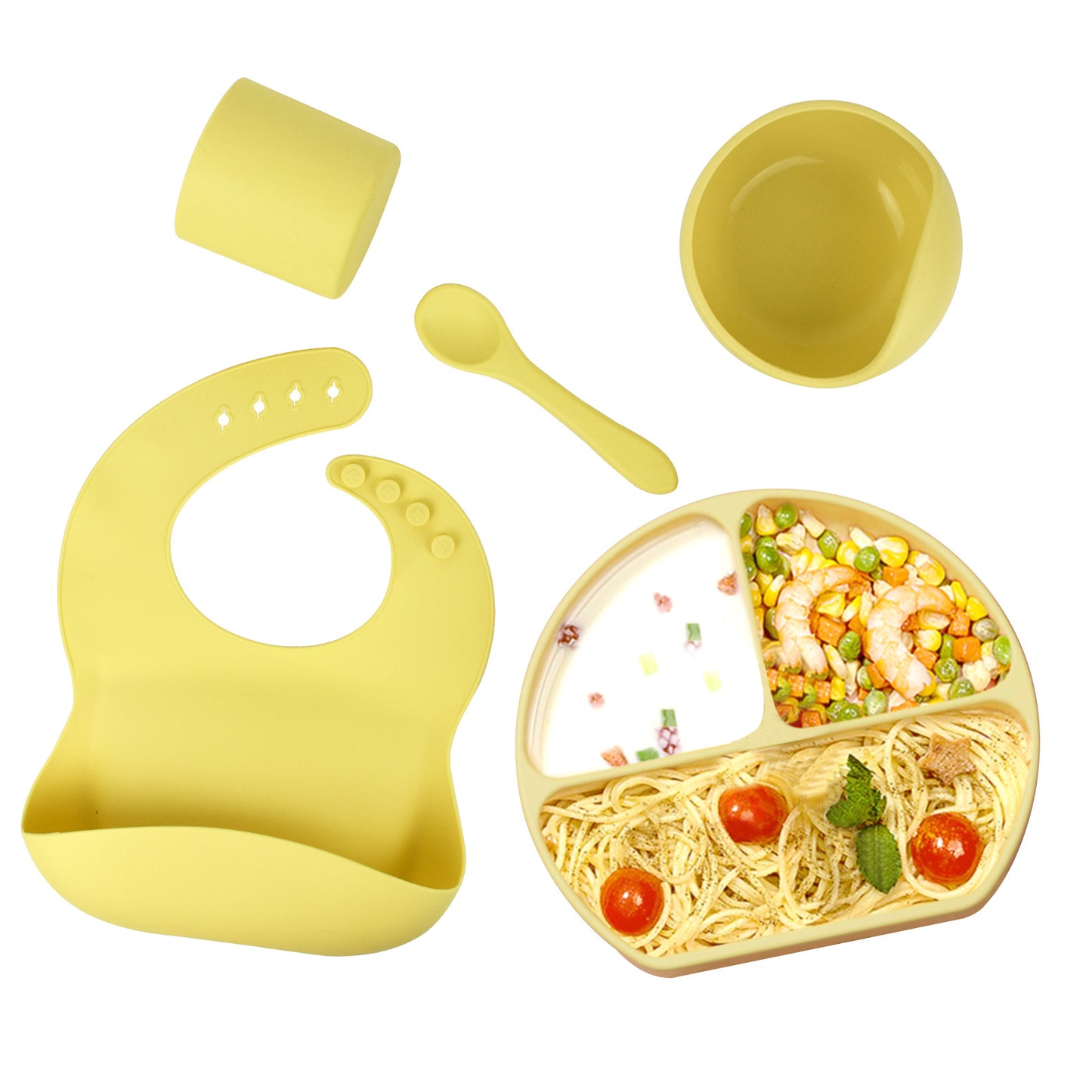 Silicone children's tableware set baby feeding complementary food tableware saliva pocket suction cup bowl spoon dinner plate bib 5-piece set