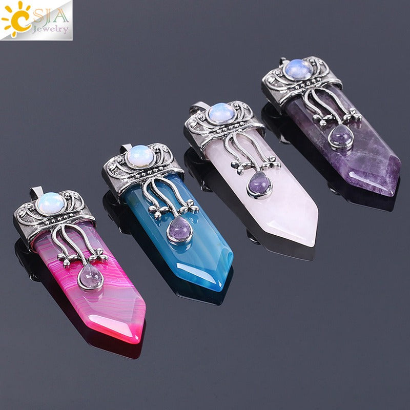 CSJA Vintage Large Natural Stone Sword-Shaped Pendant Jewelry