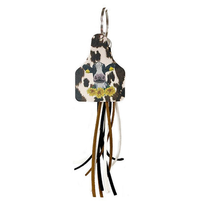 Western Style Leather Keychain Sun Flower Leopard Pattern Cow Brand Leather Tassel Handmade Popular Jewelry