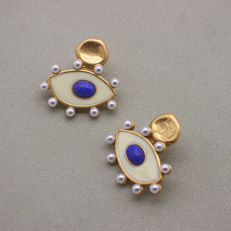 designer Eye enamel stone vintage pearl stud earrings