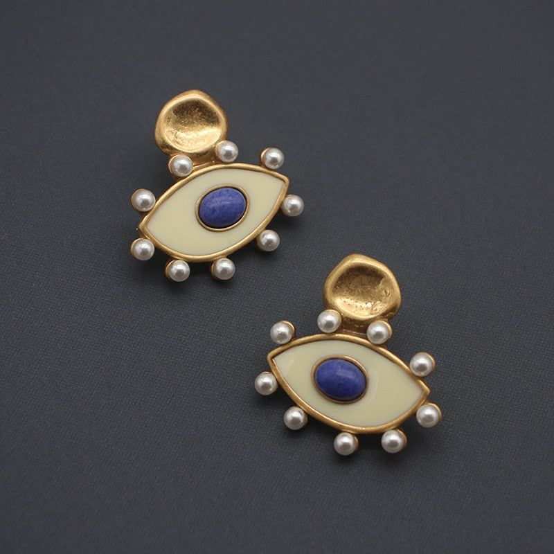 designer Eye enamel stone vintage pearl stud earrings