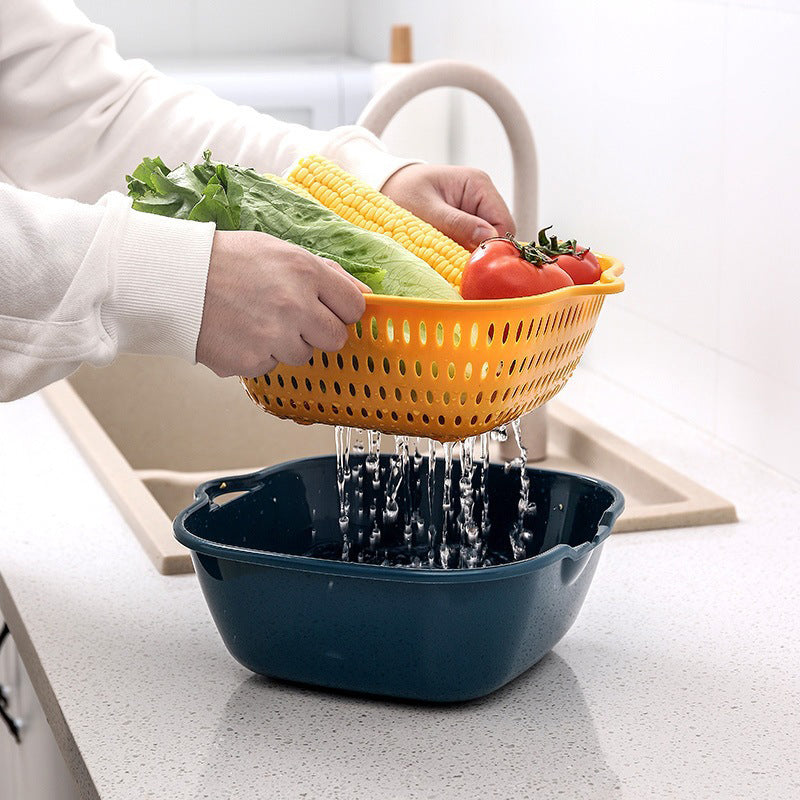 Six-Piece Set Of Multifunctional Kitchen Plastic Double Layer Household Basket Vegetable Washing Basket Large Drainage Basket