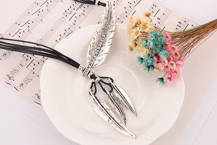 Feather Leaf Black Leather Rope Multi layered Tassel Necklace