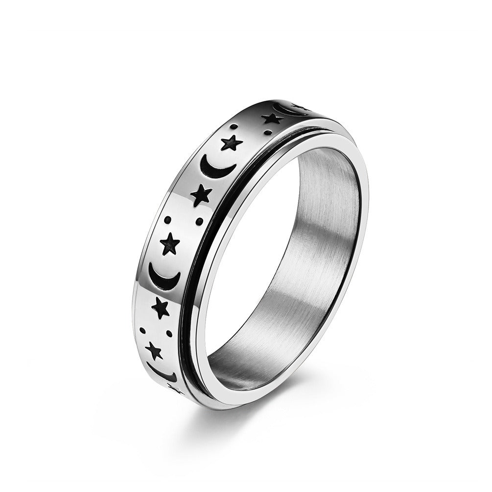 Star Moon Titanium Steel Rotating Glow Ring Decompression Relieve Anxiety Stainless Steel Ring for Men and Women