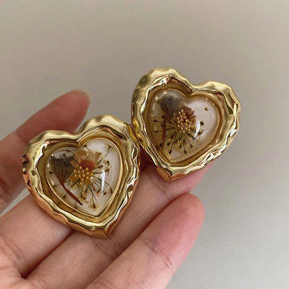 French Vintage Gold Color Punk Metal Flower Resin Heart Earrings