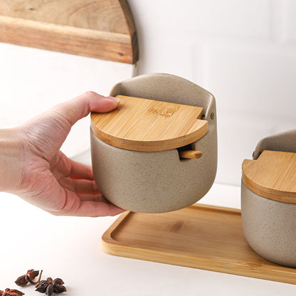 Japanese Ceramic Bamboo and Wood Lid Seasoning Jar