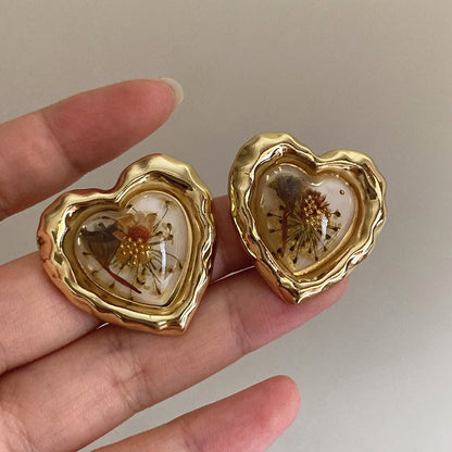 French Vintage Gold Color Punk Metal Flower Resin Heart Earrings