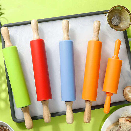 Wooden Handle Silicone Rolling Pin Rolling Pin Roller Flour Pin Small Medium And Large Household Baking Tools And Kitchenware