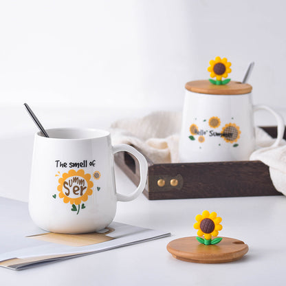 Creative Ceramic Cup With Lid Cartoon Sunflower Breakfast Mug