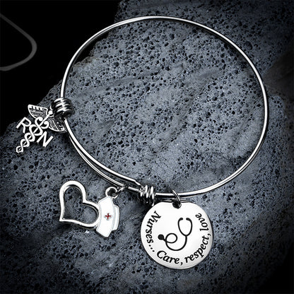 Stainless Steel Round Board Peach Heart Nurse Shrink Bracelet