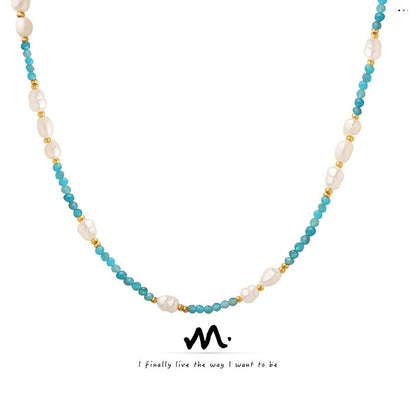 Bohemian style trend fashion commuter blue stone pearl necklace