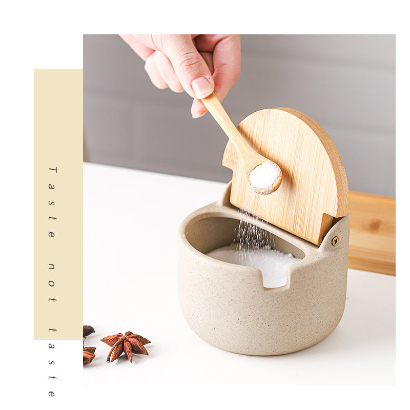 Japanese Ceramic Bamboo and Wood Lid Seasoning Jar