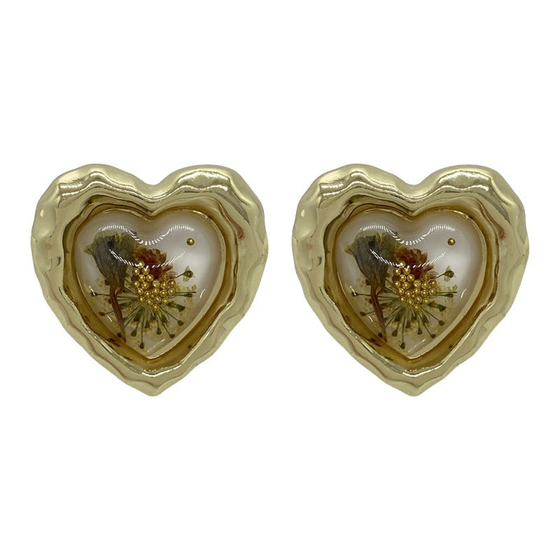 French Vintage Gold Color Punk Metal Flower Resin Heart Earrings