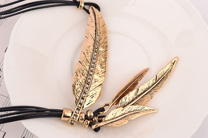 Feather Leaf Black Leather Rope Multi layered Tassel Necklace