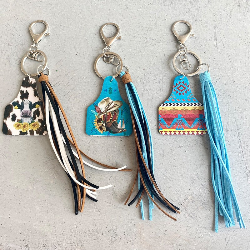 Western Style Leather Keychain Sun Flower Leopard Pattern Cow Brand Leather Tassel Handmade Popular Jewelry