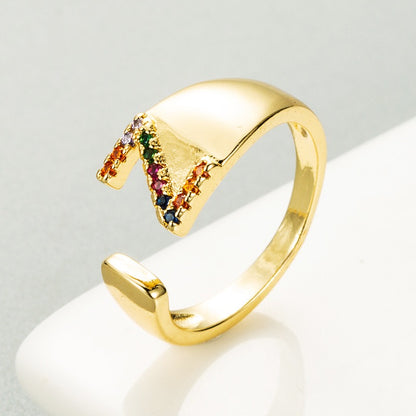 Rainbow Zircon Letter Rings for Women Gold Color Stainless Steel Initial Ring Adjustable Wedding Couple Rings Boho Jewelry Bague