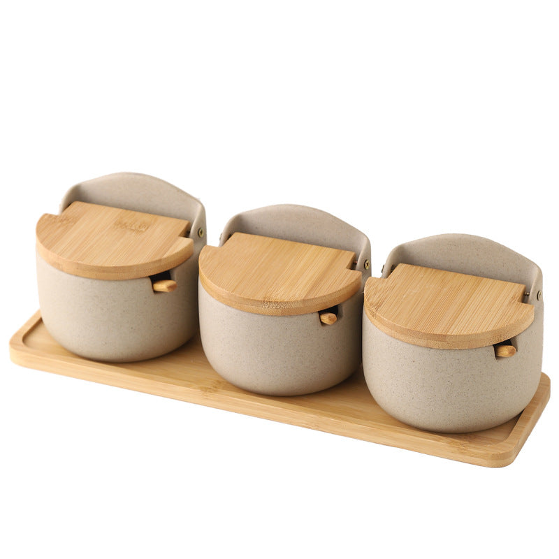 Japanese Ceramic Bamboo and Wood Lid Seasoning Jar