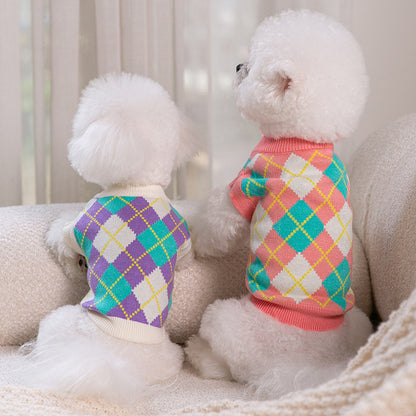 Dog Clothes In Autumn And Winter Colorful Diamond Knitted Sweater Cat Ins Vest