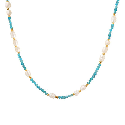 Bohemian style trend fashion commuter blue stone pearl necklace