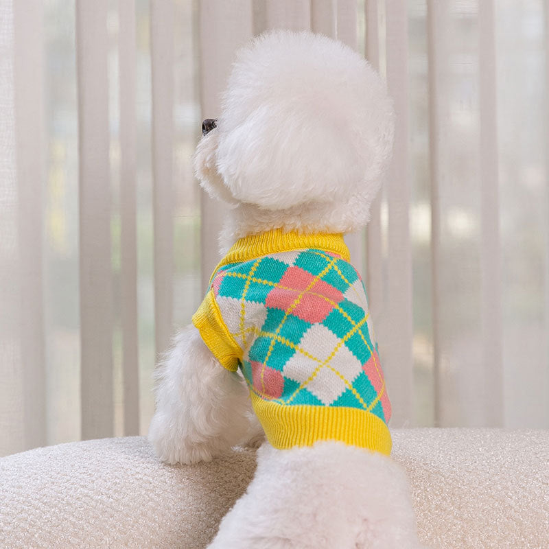 Dog Clothes In Autumn And Winter Colorful Diamond Knitted Sweater Cat Ins Vest