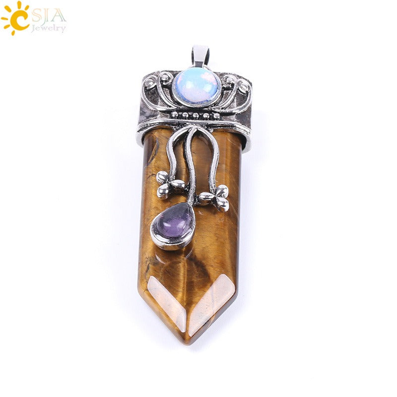 CSJA Vintage Large Natural Stone Sword-Shaped Pendant Jewelry