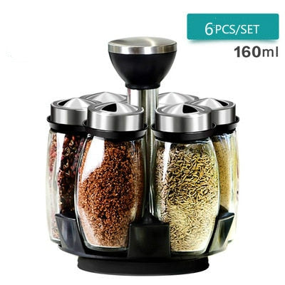 Rotating Cruet Condiment Seasoning Jars Set for Spices Pepper Sprays Bottles Salt Shakers Holder Kitchen Storage Rack Organizer