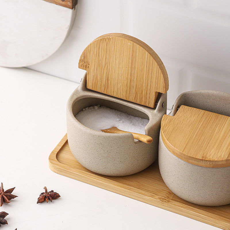 Japanese Ceramic Bamboo and Wood Lid Seasoning Jar