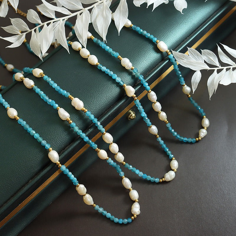 Bohemian style trend fashion commuter blue stone pearl necklace