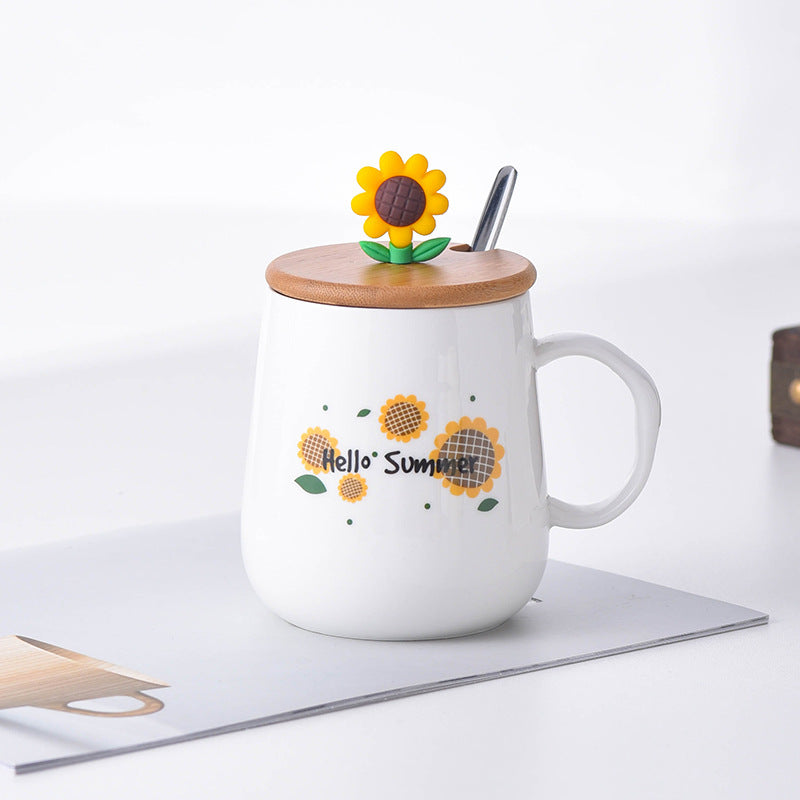 Creative Ceramic Cup With Lid Cartoon Sunflower Breakfast Mug