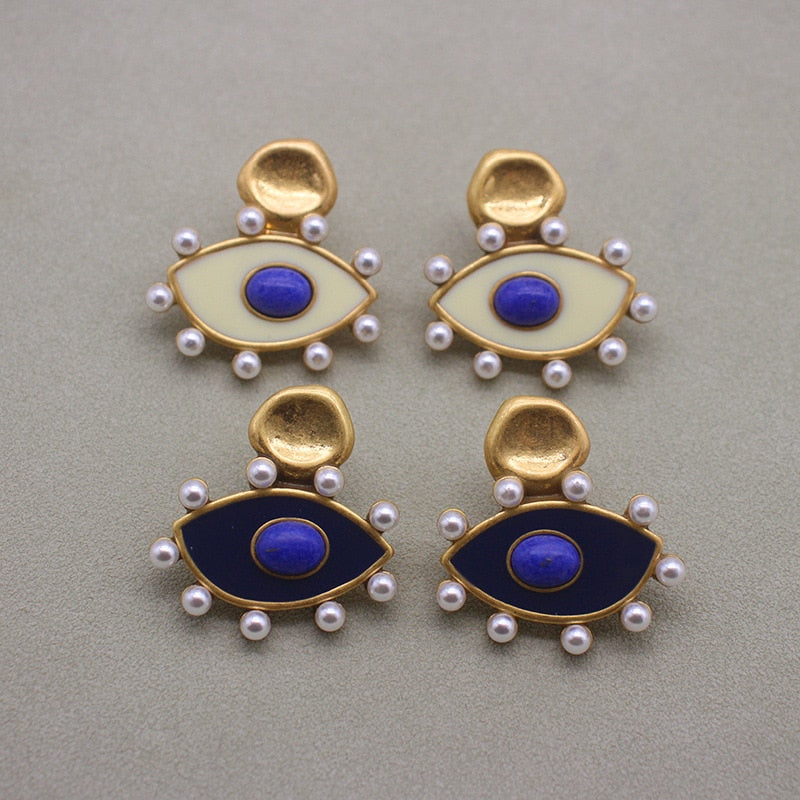 designer Eye enamel stone vintage pearl stud earrings